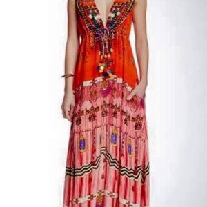 SHAHIDA PARIDES EMBELLISHED RESORT FLORAL BEADED SPARKLING KAFTAN DRESS SILK OS